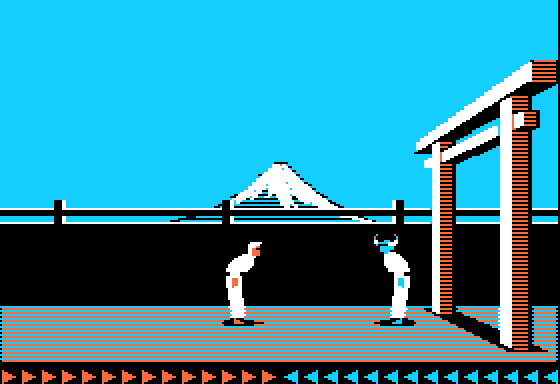 The hero and a guard bowing to each other on the cliff