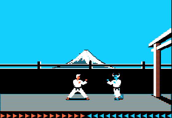 The hero and the first guard in the stance on the cliff, Mount Fuji behind them, a gate on the right