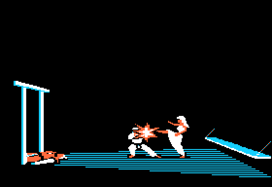 Mariko kicking the hero, who came to her in the fighting stance