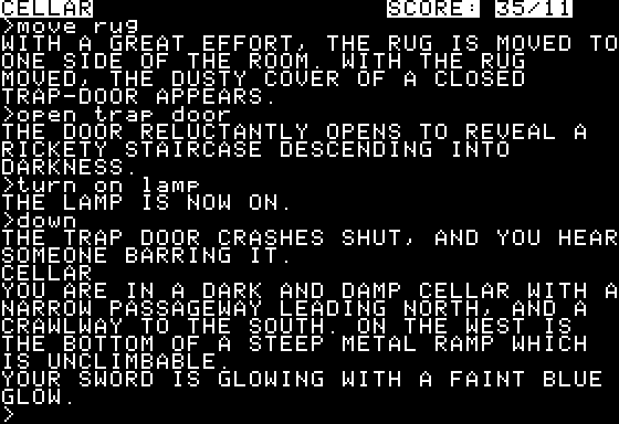 The cellar, eleven moves in: the trap door has crashed shut, and the sword glows with a faint blue glow