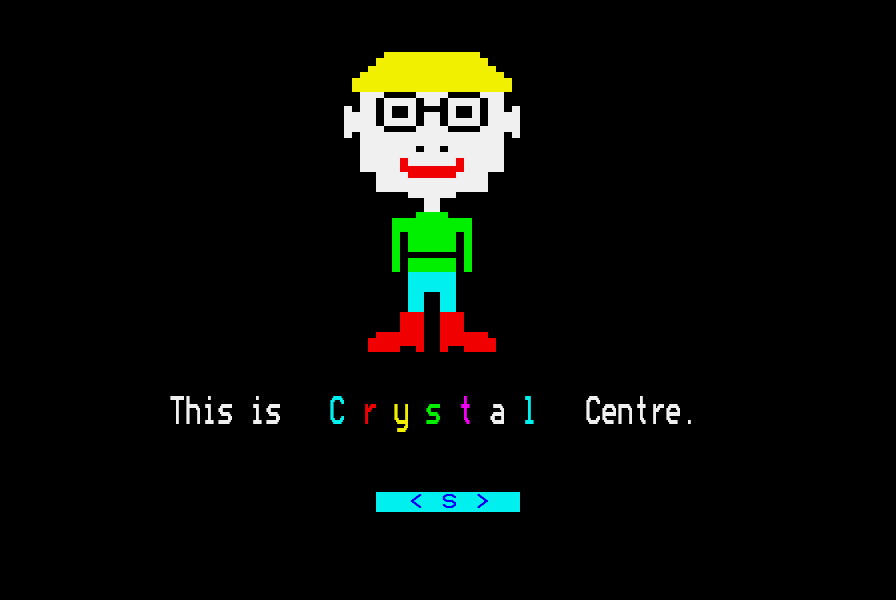 Super Jim, a figure in red and blue, standing at the Centre