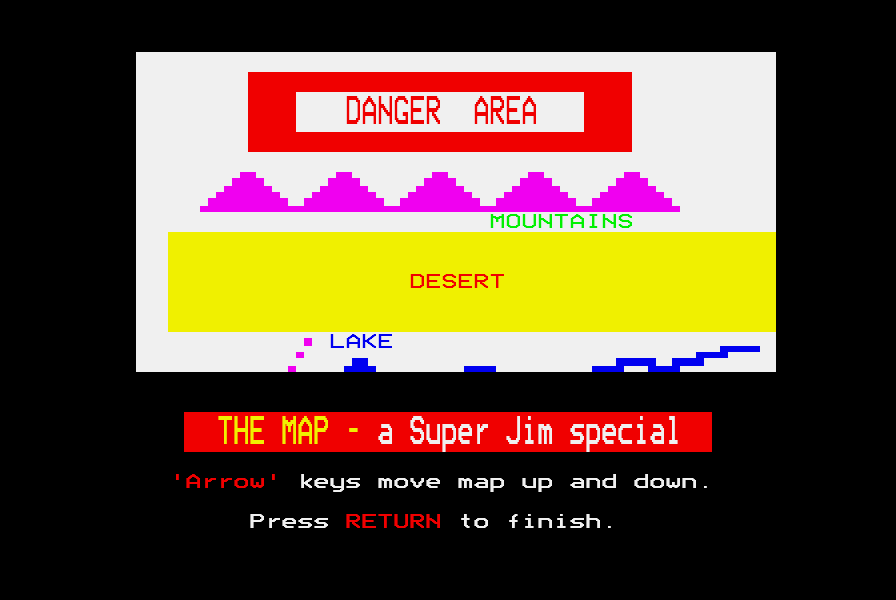 The top of the map: DANGER AREA in a red frame, magenta mountains, the yellow Desert and the blue Lake