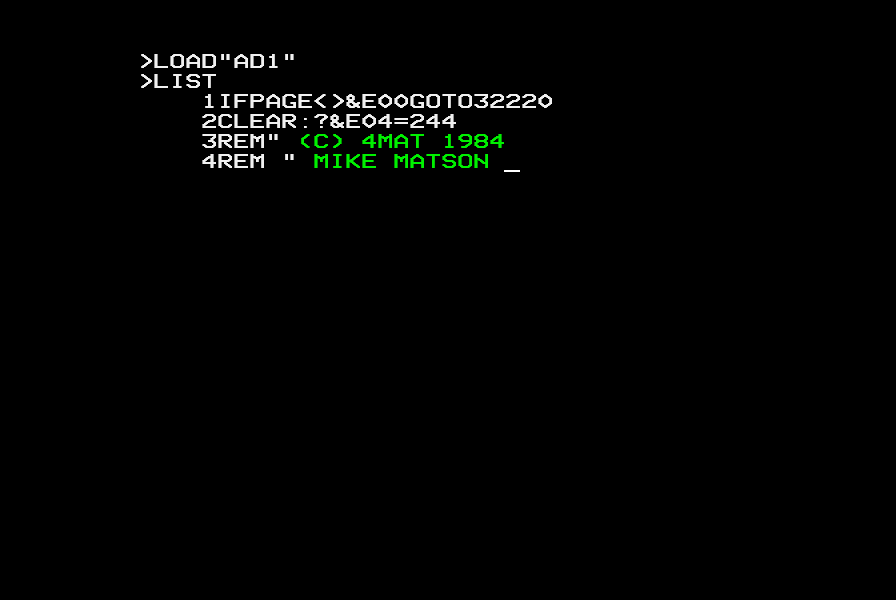 A BASIC listing of four lines: line 1, line 2, then (C) 4MAT 1984 and MIKE MATSON in green