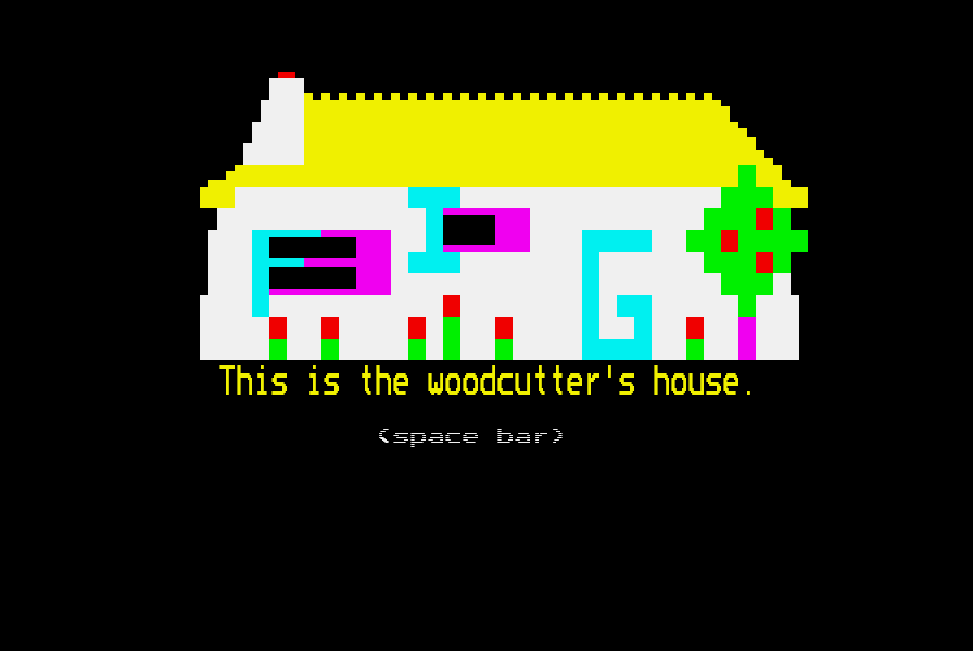 The woodcutter's house, with the letters F, I and G drawn into its walls and windows