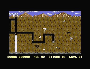 Level 1 in play: Pete in a tunnel he has dug, the shaft below him white with water, goodies in the earth and a creature in the tunnel.