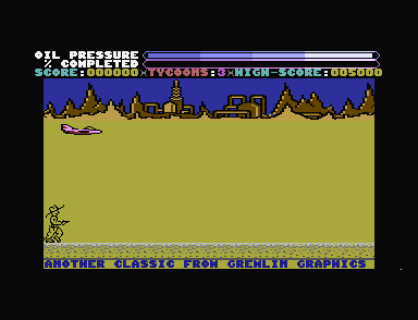 Level 1: Tex, a cowboy, stands on a grey pipeline at the bottom left of a desert, a jet flies over, and two bars, OIL PRESSURE and % COMPLETED, run across the top.