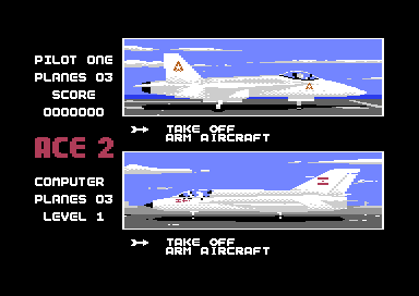 Two hangar screens, one above the other: a white jet on a carrier deck and a white jet on a runway, each with TAKE OFF and ARM AIRCRAFT