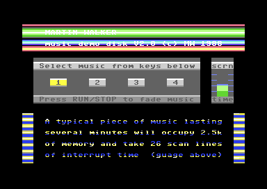 The Walker's Warbles screen: a title, a row of four numbered keys with the first highlighted, a bar gauge to the right of them, and bands of colour down the left and right edges