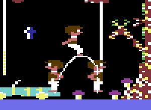 The boy in the forest at take-off, at the top of his jump 24 pixels higher, and landed 28 pixels to the right, with a dotted line tracing his feet