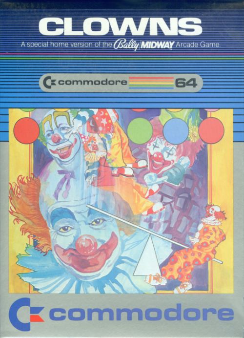 The front of the Commodore 64 box: CLOWNS, a special home version of the Bally Midway arcade game, with a painting of clowns, a see-saw and balloons