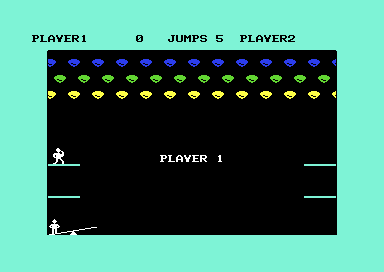Play starting: PLAYER 1 in the middle, a clown on the left platform and the see-saw at the bottom