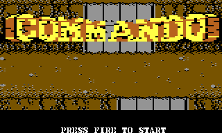 The attract mode's view of area 3: the COMMANDO logo over a dirt track between two walls