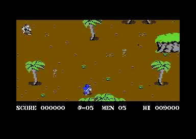 The start of the first area: Super Joe in blue among palm trees, with the score line underneath