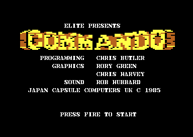 The title screen: the COMMANDO logo and the credits on black