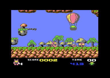 Level 1.1: a hot-air balloon with a creature in its basket above a landscape of mushrooms and palms, the score panel below