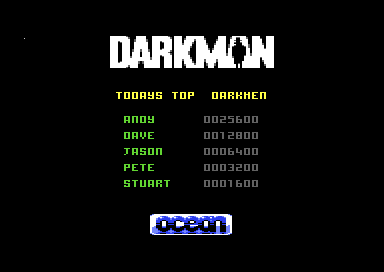 The Darkman logo above a table headed Todays Top Darkmen, with five names and scores
