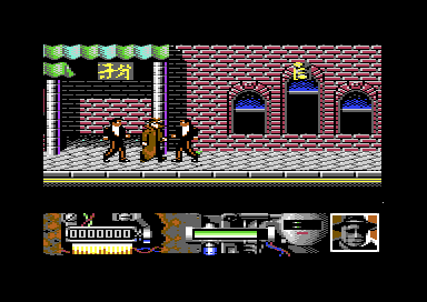 Darkman in a long coat between two gangsters on a street, above a status panel with a portrait