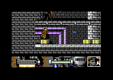 Darkman on a ledge by purple pipes in a brick room, above the status panel