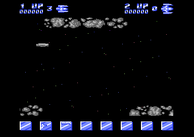 Stage 2 of Delta: rows of grey rocks scrolling along the top and bottom of the screen
