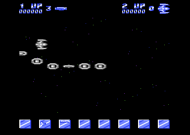 Delta on the Commodore 64: the ship on the left, an attack wave in formation, and the weapon icons along the bottom