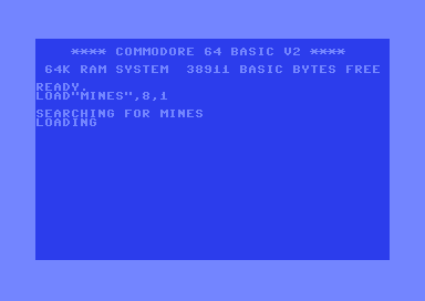 The C64 BASIC screen showing LOAD MINES, SEARCHING FOR MINES, LOADING
