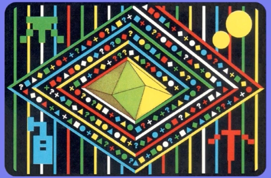 The code card: coloured triangles, squares, circles, crosses, diamonds and question marks in white, red, blue, green, and yellow bands around a large green diamond, on a black ground with coloured lines