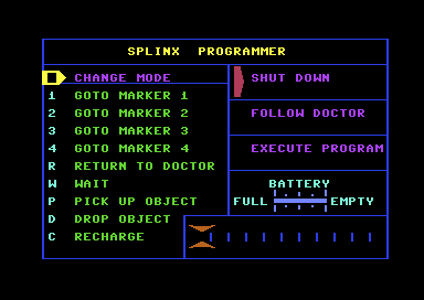 The Splinx Programmer screen: a list of commands on the left, SHUT DOWN, FOLLOW DOCTOR and EXECUTE PROGRAM on the right, and a battery gauge
