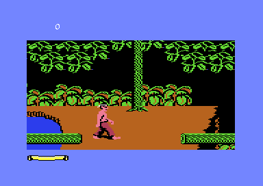 The hero walking along a dirt path in a jungle, with a pool of water on the left, a tall tree and thick foliage above
