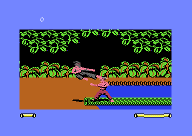 Beside a river in the jungle, an opponent in a grey hood leaps feet first at the hero