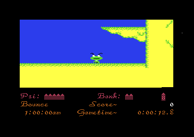 The first level just after Gribbly appears: Gribbly on the ground under a ledge, the psi and bank bars, score and clocks in the panel below