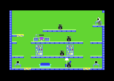 A room in Impossible Mission with robots, furniture and lifting platforms
