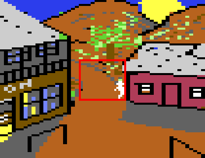 A close view of the town: one gunman inside a red box in the street, where two gunman sprites stand on one another
