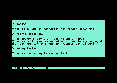 The woman thanks the player for returning the nickel, followed by a repeated complaint