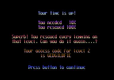 The end-of-level screen saying 100 percent of the lemmings were rescued