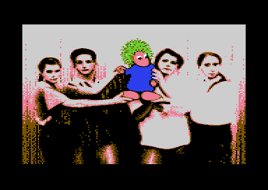 A multicolour bitmap of five people in a row with a green-haired lemming held up among them