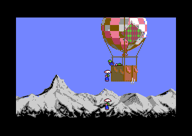A hot-air balloon over snowy mountains, with lemmings floating down under umbrellas