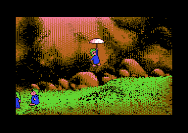 A lemming floating down under an umbrella in front of rocks under a red sky, two lemmings walking on the grass