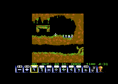 Lemmings walking on a grassy ledge in a cave, above a panel of skill icons