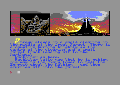 Atreyu in a clearing in the Great Forest, with a command prompt beneath the illustration