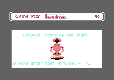 Game over with 50 points: Lowest Score of the Day, and a prompt for initials