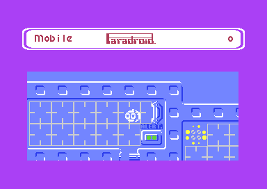The 001, a small white droid, on a blue deck seen from above, beside an alert panel