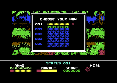 A panel titled Choose Your Man over the jungle, listing men 001 to 005 with their ammunition