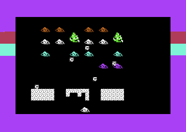 Rows of small orange, white, cyan and purple sprites above three white shields and a gun at the bottom, with bombs falling, inside a purple border striped red and cyan