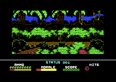 A soldier on a path through dense jungle, above a status panel showing ammunition, morale, score and hits