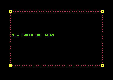 A black window framed in red rope with THE PARTY HAS LOST in green.