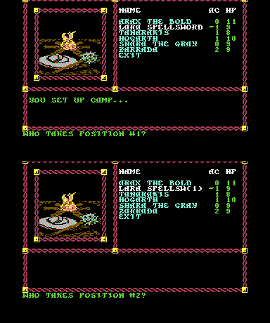 The camp screen during ORDER: the party list with WHO TAKES POSITION #1? and then #2?, Lara Spellsword marked (1).