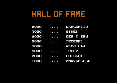 HALL OF FAME in orange capitals above eight names with scores from 8000 down to 1000