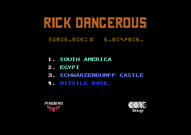 The title screen with SELECT LEVEL and four levels listed: South America, Egypt, Schwarzendumpf Castle, Missile Base