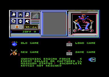 The start menu's summary after the self-destruct: six survivors, 44 enemy killed or captured, mission incomplete, Kryxix not rescued