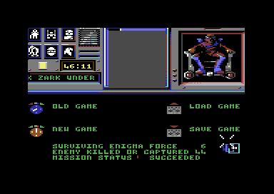 The start menu at the end of the game: SURVIVING ENIGMA FORCE 6, ENEMY KILLED OR CAPTURED 44, MISSION STATUS SUCCEEDED